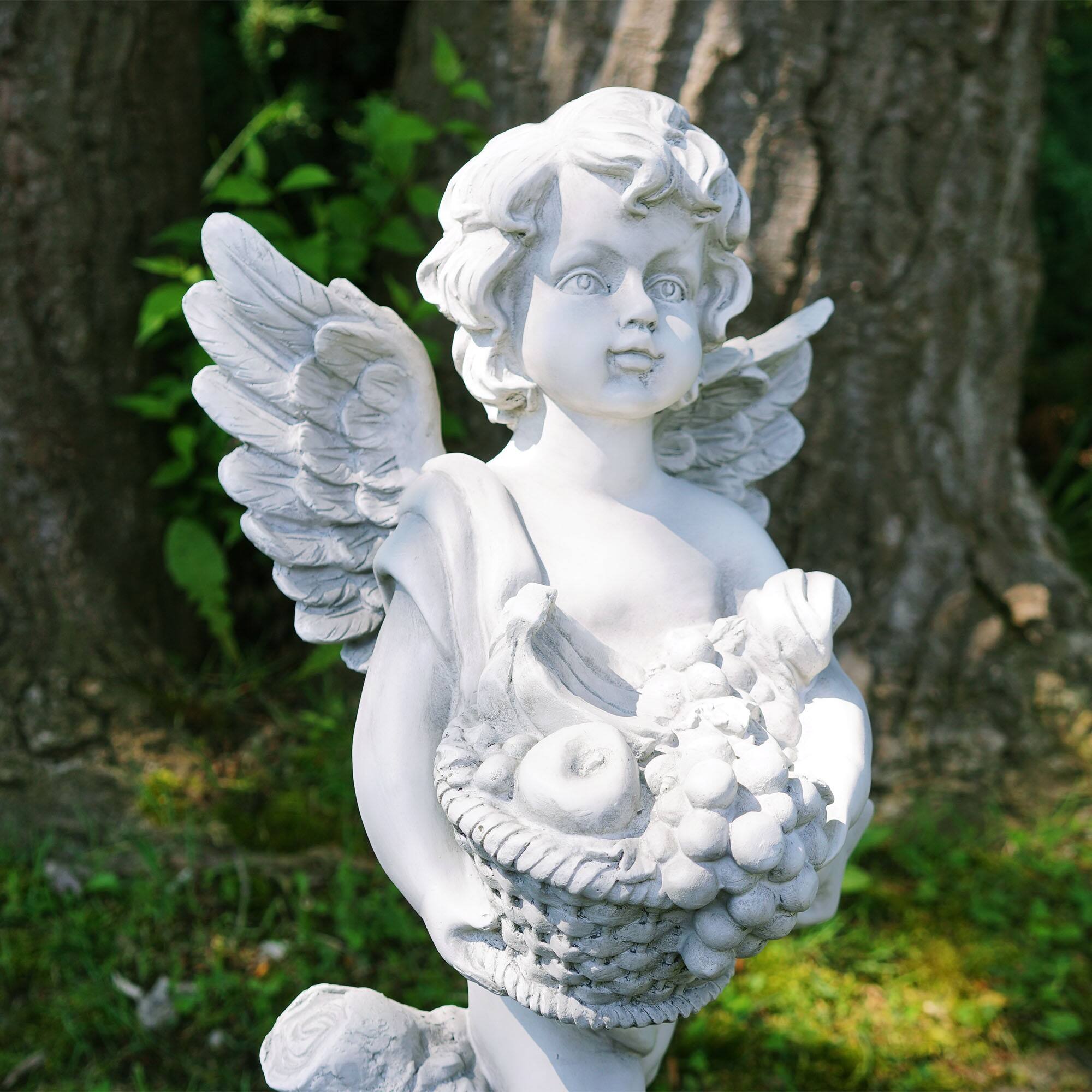 28.75" Gray Cherub Angel Standing on Pedestal Holding a Fruit Basket Outdoor Garden Statue